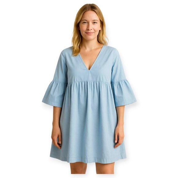 Sunday Best Babydoll Baby Blue Mini Dress Bell Sleeve Keyhole Poplin Cotton S - Picture 2 of 11